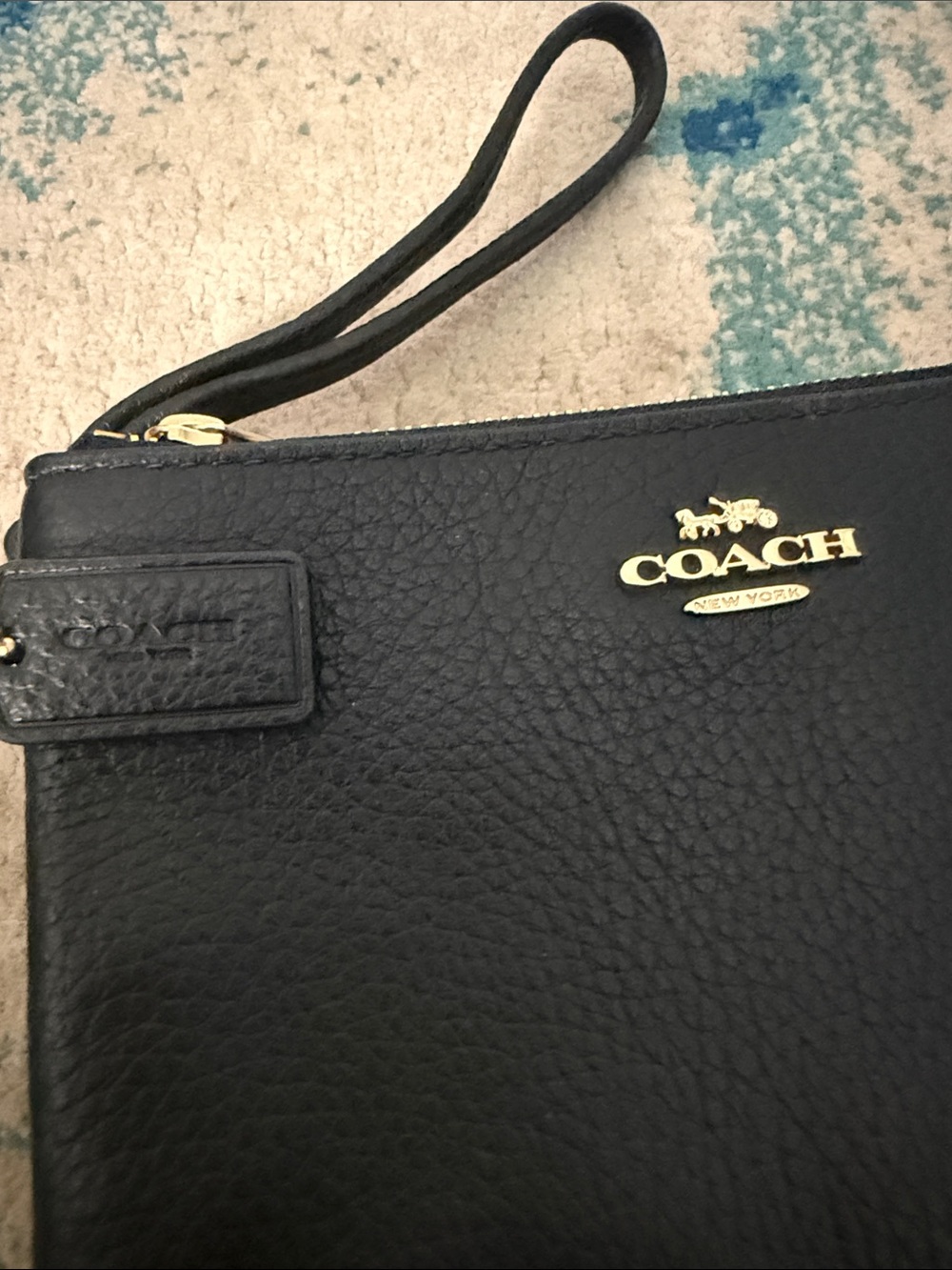 Coach Black Pebbled Leather Zip Wristlet with Gold Logo - Picture 2 of 8